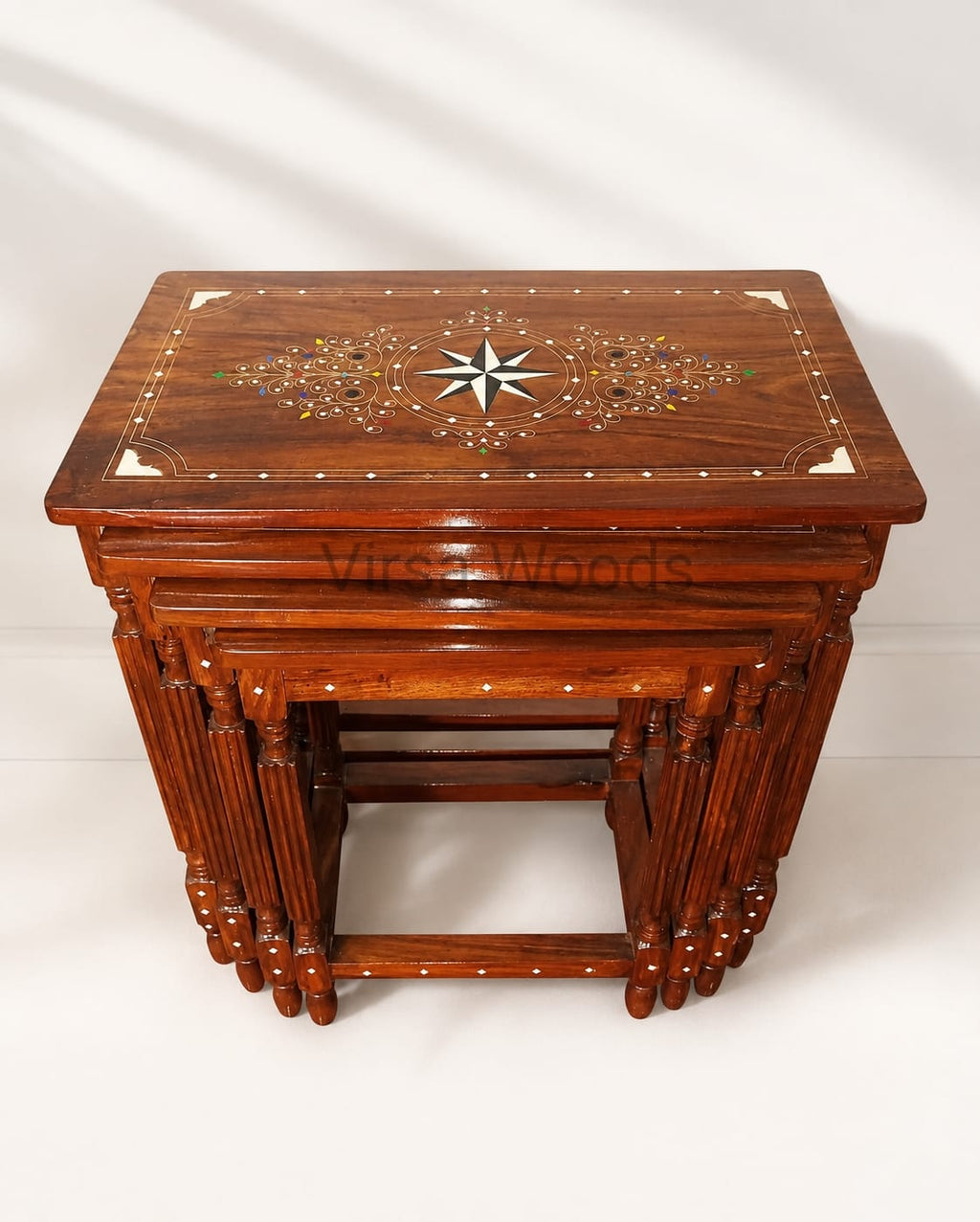 Solid Sheesham Wood 4 Piece Nesting Table Set | Premium Glass Polish Finish