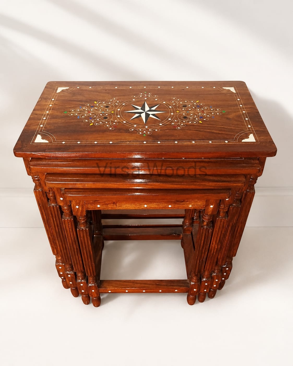Solid Sheesham Wood 4 Piece Nesting Table Set | Premium Glass Polish Finish