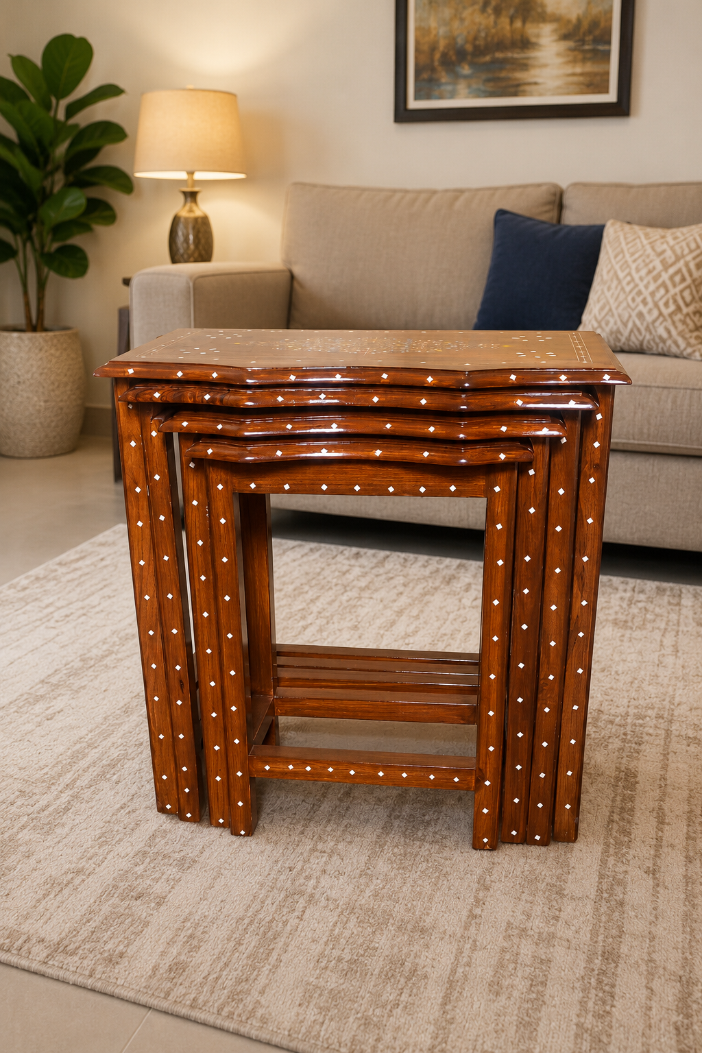 Premium 4 Pieces Sheesham Wood Table Set with Glass Polish | Luxury Nesting Tables