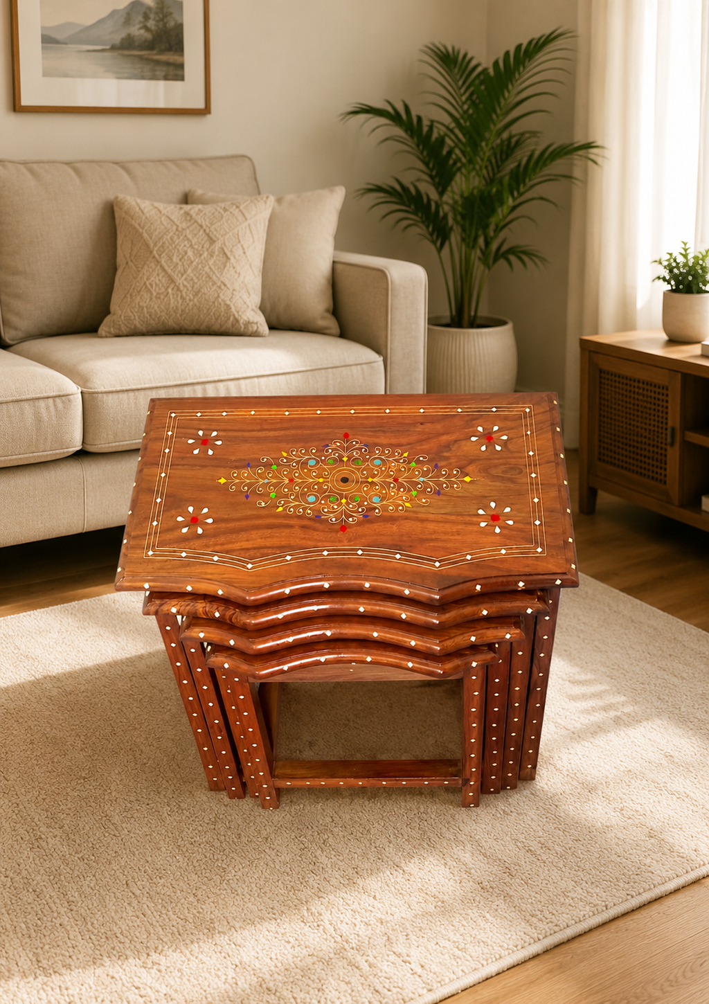Premium 4 Pieces Sheesham Wood Table Set with Glass Polish | Luxury Nesting Tables