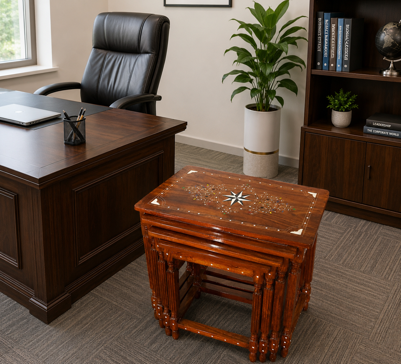 Solid Sheesham Wood 4 Piece Nesting Table Set | Premium Glass Polish Finish